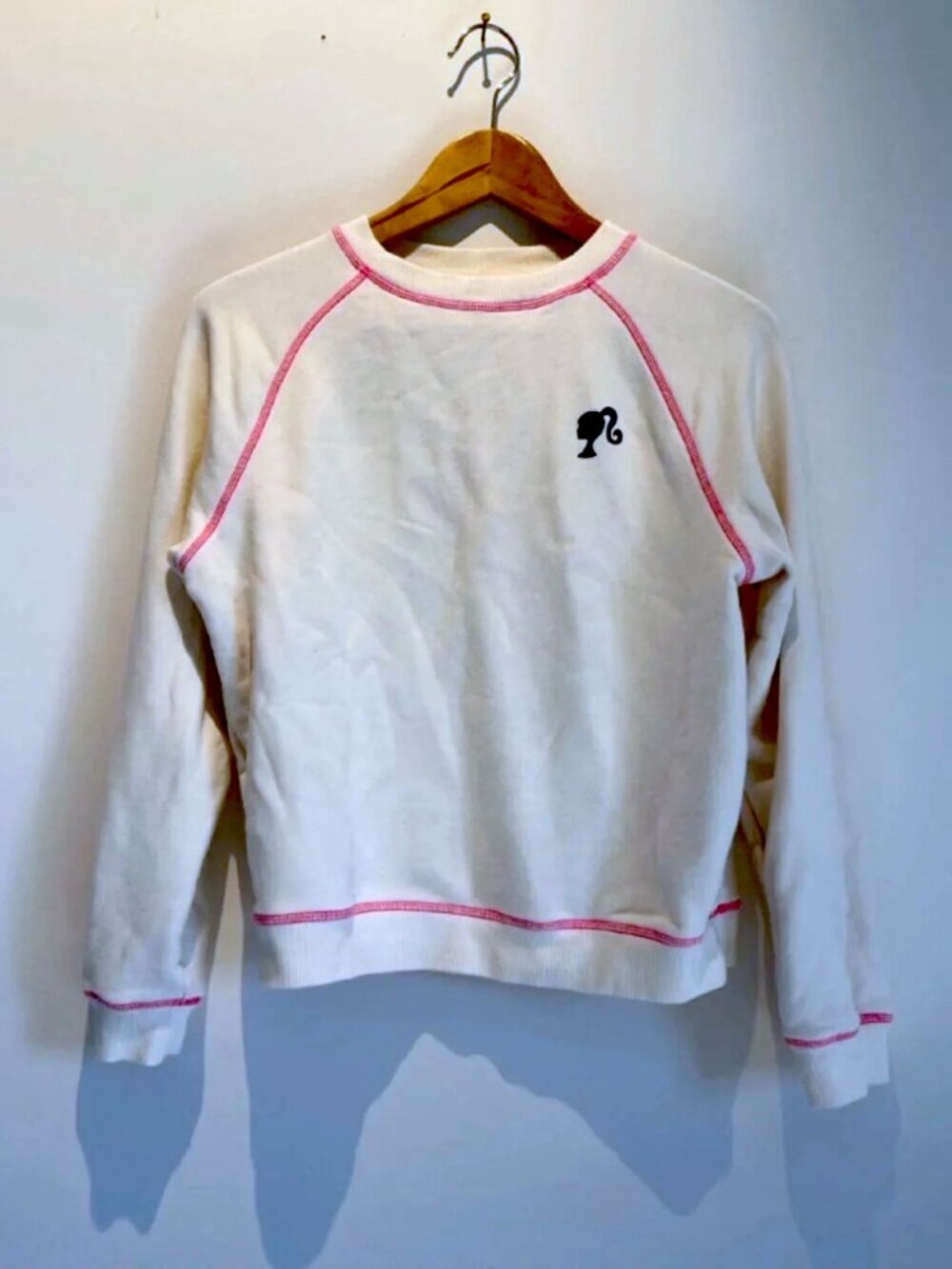 Bandier x Barbie Crewneck Sweatshirt White Pink Stitch XS Fleece NWT